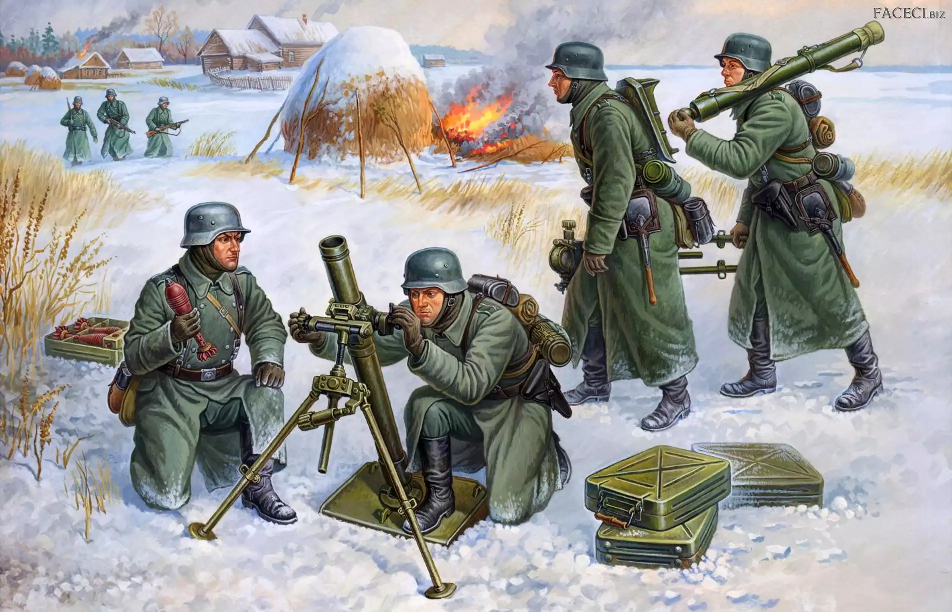 Ogień, Wioska, Broń, Żołnierze, Walka